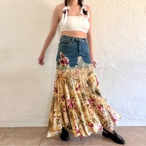 Vintage 90’s Jeanology Collection Denim Velvet Lace Maxi Skirt